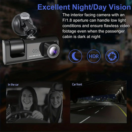 Câmara Dashcam 3 Lentes 1080P com Visão Noturna IR — Ecrã IPS 2" | Carbit