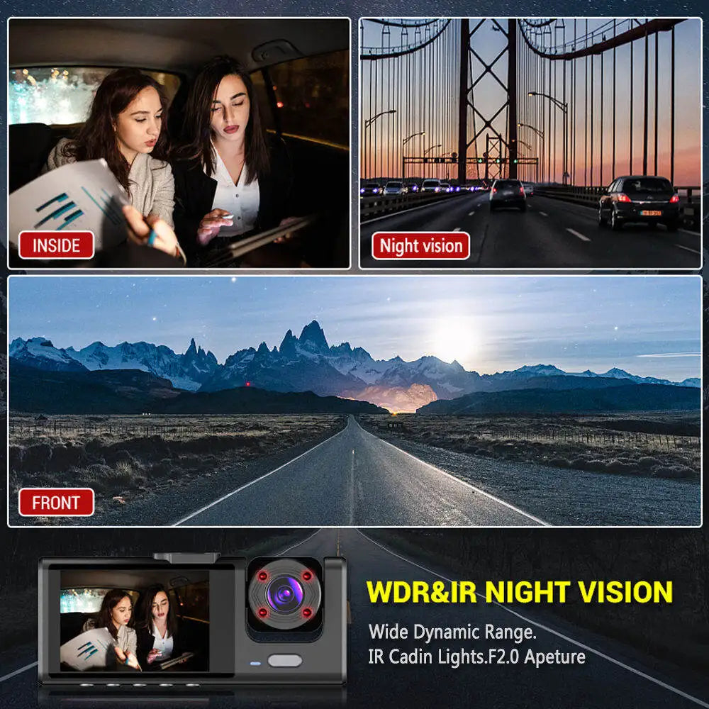 Câmara Dashcam 3 Lentes 1080P com Visão Noturna IR — Ecrã IPS 2" | Carbit